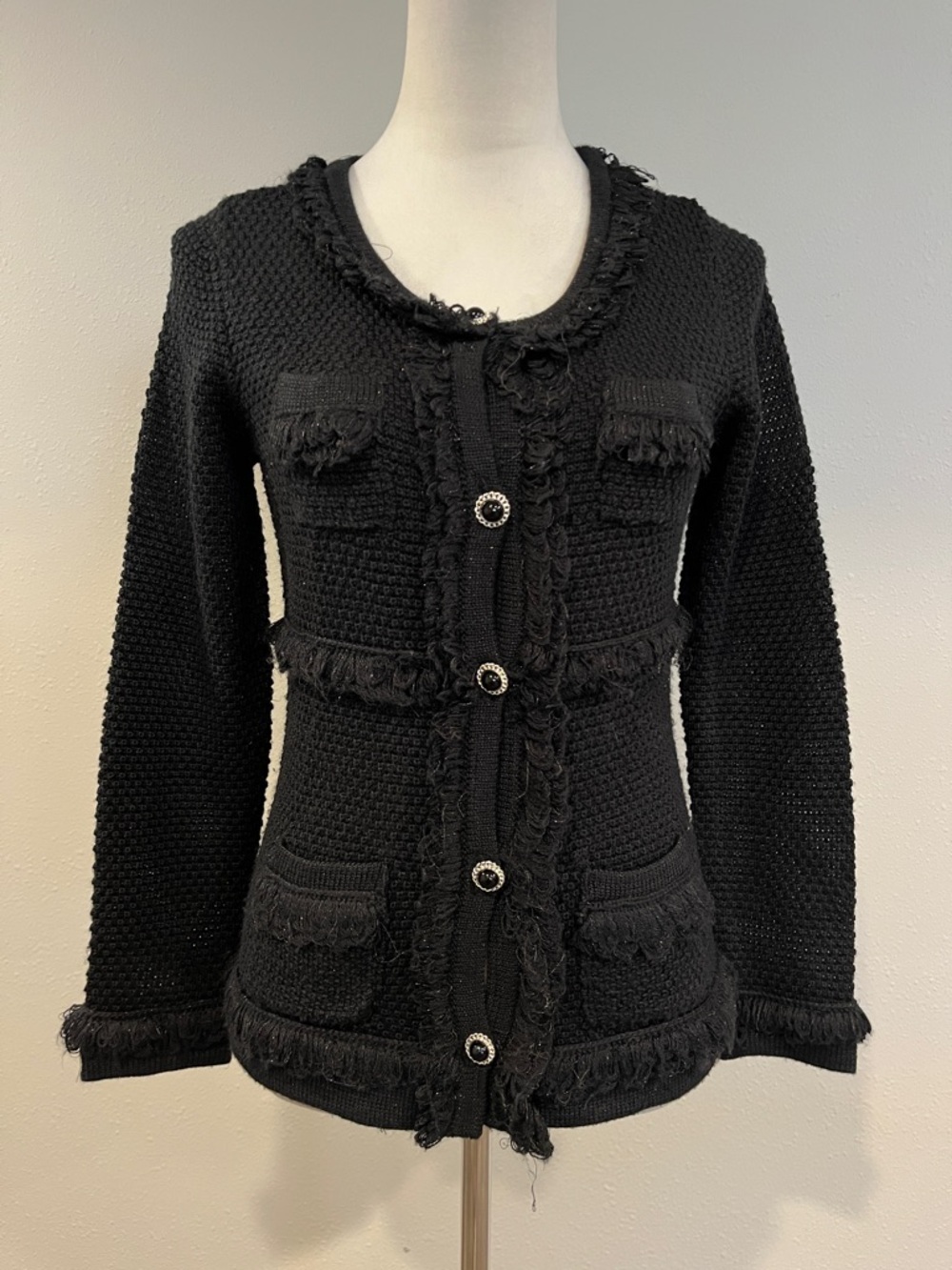 INC Black Textured Fringe-Trim Knit Cardigan Sweater‎